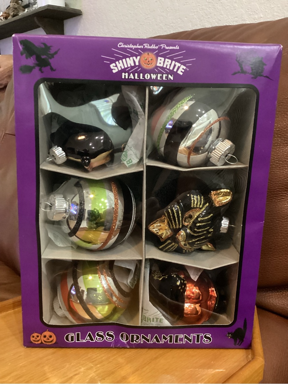 Shiny Brite Christopher Radko Halloween Glass Ornaments Cat , Owl and Pumpkin